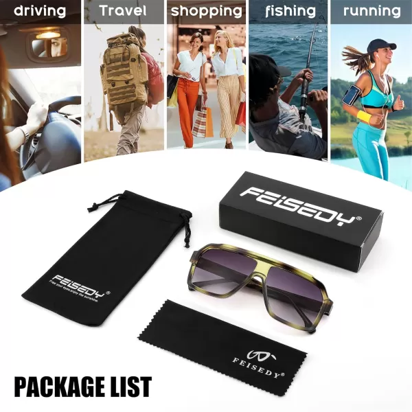 FEISEDY Sunglasses Men Square Aviator Frame UV400 Sun Glasses Driving Running Fishing Golf Hiking B0059Dark Green Frame  Gradient Gray Lenses