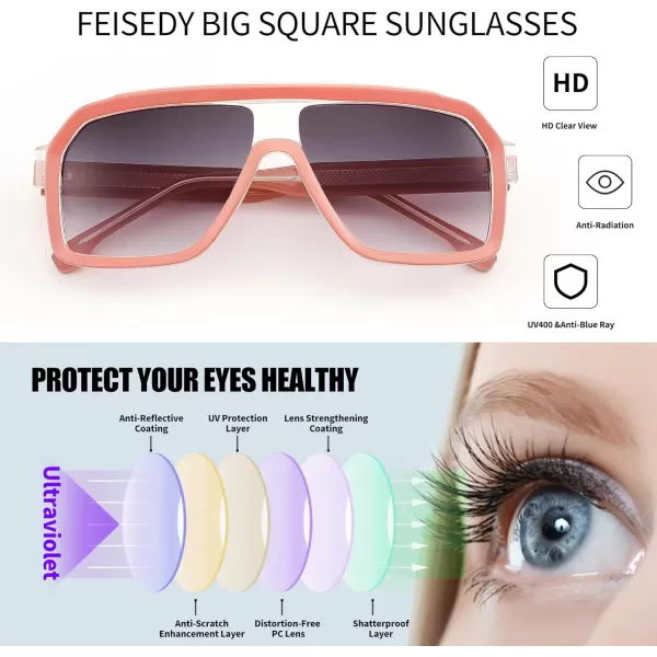 FEISEDY Sunglasses Men Square Aviator Frame UV400 Sun Glasses Driving Running Fishing Golf Hiking B0059Pink Frame  Gradient Gray Lenses
