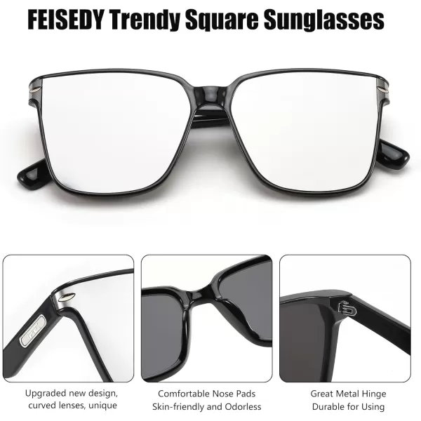 FEISEDY Trendy Oversized Square Sunglasses for Women Men Luxury Curved Lens Sun Glasses UV400 B0099Black Frame  Sliver Lens