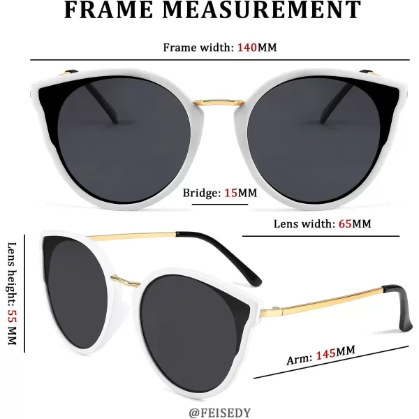 FEISEDY Vintage Polarized Cat Eye Sunglasses for Women Oversized Round Sunglasses Anti Glare B7000White