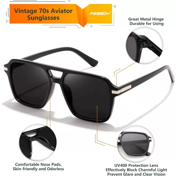 FEISEDY Vintage Square Aviator Sunglasses Women Men Fashion Retro 70s Frame Sun Glasses Shades B0179Black  Grey