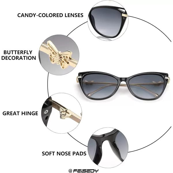 FEISEDY Women Trendy Oversized Cat Eye Sunglasses Metal Temple with Butterfly Decoration Gradient Lens Sunglasses B2314Black Frame  Grey Gradient Lens
