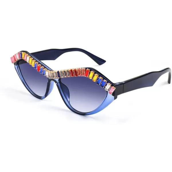 FEISEDY Fashion Cat Eye Diamond Sunglasses Women Retro Vintage Cateye Plastic Frame B2302003 Blue FrameBlue Gradient Lens