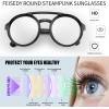 imageFEISEDY Retro Round Steampunk Sunglasses Women Men Vintage Eyewear Light Plastic Frame with Leatherwear B2532007 Black Frame  Silver Lens  White Leather