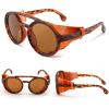 imageFEISEDY Retro Round Steampunk Sunglasses Women Men Vintage Eyewear Light Plastic Frame with Leatherwear B2532008 Leopard Frame  Tea Lens  Orange Leather
