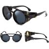 imageFEISEDY Retro Round Steampunk Sunglasses Women Men Vintage Eyewear Light Plastic Frame with Leatherwear B2532Black