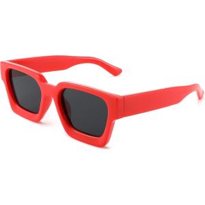 imageFEISEDY Retro 90s Square Sunglasses for Women Men Trendy Chunky Rectangle Sunglasses UV400 Protection B2385012 Red  Grey Lens