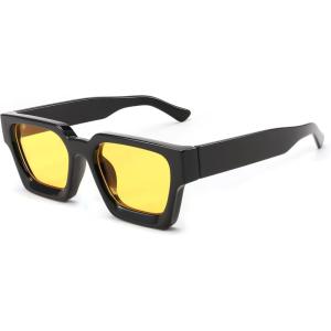 imageFEISEDY Retro 90s Square Sunglasses for Women Men Trendy Chunky Rectangle Sunglasses UV400 Protection B2385014 Black  Bright Yellow Lens