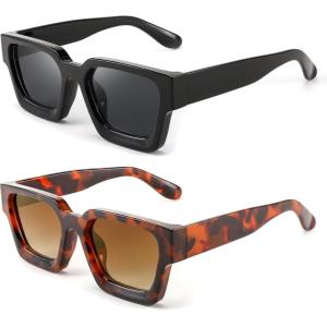 imageFEISEDY Retro 90s Square Sunglasses for Women Men Trendy Chunky Rectangle Sunglasses UV400 Protection B23852pcs  Balck  Leopard  Gradient Tea