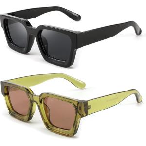 imageFEISEDY Retro 90s Square Sunglasses for Women Men Trendy Chunky Rectangle Sunglasses UV400 Protection B23852pcs  Balck  Transparent Green  Tea
