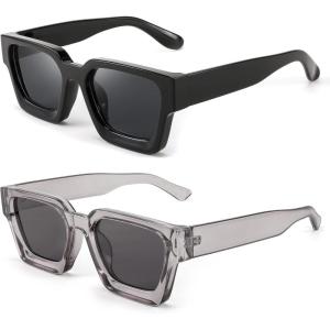 imageFEISEDY Retro 90s Square Sunglasses for Women Men Trendy Chunky Rectangle Sunglasses UV400 Protection B23852pcs  Balck  Transparent Grey  Grey