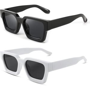 imageFEISEDY Retro 90s Square Sunglasses for Women Men Trendy Chunky Rectangle Sunglasses UV400 Protection B23852pcs  Balck  White  Grey