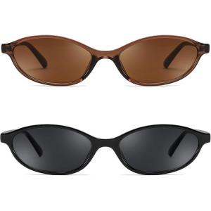 imageFEISEDY Retro Oval Cat Eye Sunglasses for Women 90s Narrow Lightweight Shades Y2k Trendy Sunnies B02572 Pack Brownblack