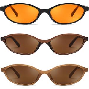 imageFEISEDY Retro Oval Cat Eye Sunglasses for Women 90s Narrow Lightweight Shades Y2k Trendy Sunnies B02573 Pack Orangebrowntea