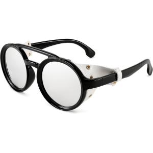 imageFEISEDY Retro Round Steampunk Sunglasses Women Men Vintage Eyewear Light Plastic Frame with Leatherwear B2532007 Black Frame  Silver Lens  White Leather