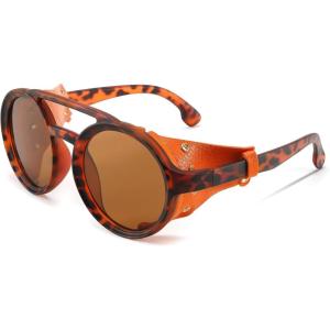 imageFEISEDY Retro Round Steampunk Sunglasses Women Men Vintage Eyewear Light Plastic Frame with Leatherwear B2532008 Leopard Frame  Tea Lens  Orange Leather