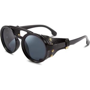 imageFEISEDY Retro Round Steampunk Sunglasses Women Men Vintage Eyewear Light Plastic Frame with Leatherwear B2532Black