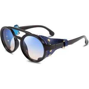 imageFEISEDY Retro Round Steampunk Sunglasses Women Men Vintage Eyewear Light Plastic Frame with Leatherwear B2532Blue