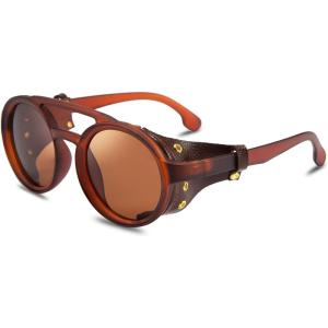imageFEISEDY Retro Round Steampunk Sunglasses Women Men Vintage Eyewear Light Plastic Frame with Leatherwear B2532Brown