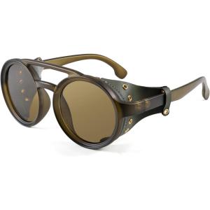 imageFEISEDY Retro Round Steampunk Sunglasses Women Men Vintage Eyewear Light Plastic Frame with Leatherwear B2532Green