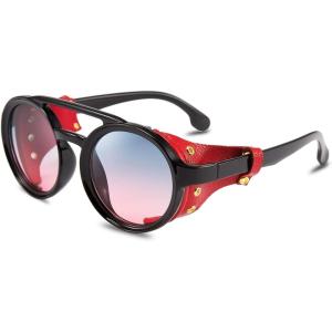 imageFEISEDY Retro Round Steampunk Sunglasses Women Men Vintage Eyewear Light Plastic Frame with Leatherwear B2532Red