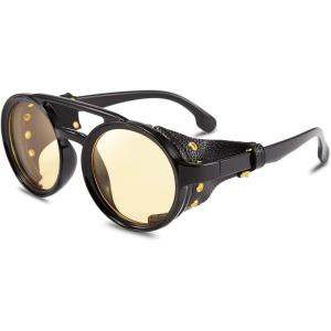 imageFEISEDY Retro Round Steampunk Sunglasses Women Men Vintage Eyewear Light Plastic Frame with Leatherwear B2532Yellow