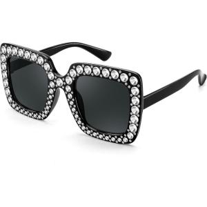 imageFEISEDY Kids Sunglasses for Girls Oversized Square Sparkling Party Sun Glasses Lightweight Fashion Shades B0053Black Frame  Grey Lens