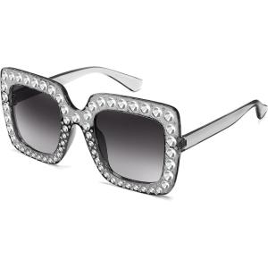 imageFEISEDY Kids Sunglasses for Girls Oversized Square Sparkling Party Sun Glasses Lightweight Fashion Shades B0053Transparent Grey Frame  Gradient Grey Lens