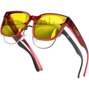 imageFEISEDY Men Women Night Vision Driving Glasses Anti Glare Fit Over Polarized Nighttime Sunglasses B0269Gradual Wine Red Frame  Yellow