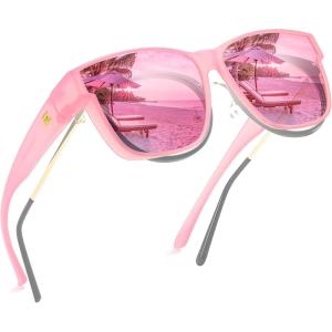 imageFEISEDY Polarized Sunglasses Fit Over Glasses Women Fit over Glasses Sunglasses for Driving UV400 Protection B0250Matte Pink Frame  Pink Lens