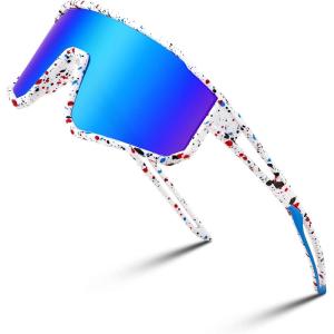 imageFEISEDY Kids Sunglasses Polarized Youth Baseball Sunglasses Sports Cycling Glasses UV400 for Boys Girls B4163White Red Black FrameBlue Mirrored Lens