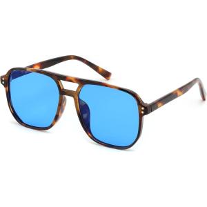 imageFEISEDY Retro Square Aviator Sunglasses Women Men 70s Vintage Trendy Plastic Frame Sun Glasses B2835023 Leopard FrameBlue Lens
