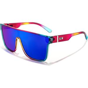 imageFEISEDY Sunglasses for Women Men Fashion Mirrored Single Lens Driving Beach Sunnies UV400 Shades B2996Transparent Red Blue Frame  Blue Mirrored Lens