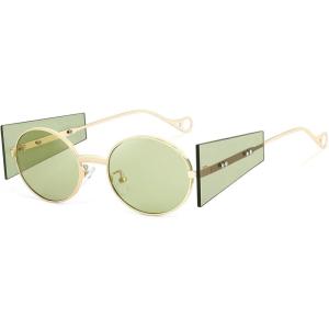 imageFEISEDY Women Men Futurisitc Hipster Round Sunglasses Polygon Trapezoid Side Shields Delicate Metal Frame B2825Green Lens
