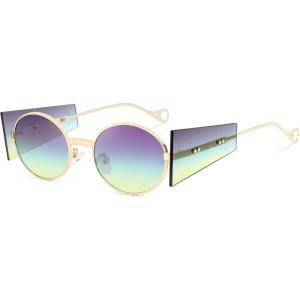 imageFEISEDY Women Men Futurisitc Hipster Round Sunglasses Polygon Trapezoid Side Shields Delicate Metal Frame B2825Grey Green Lens