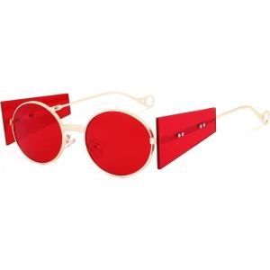 imageFEISEDY Women Men Futurisitc Hipster Round Sunglasses Polygon Trapezoid Side Shields Delicate Metal Frame B2825Red Lens