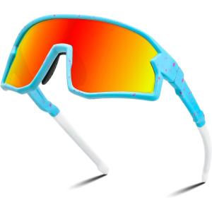 imageFEISEDY Kids Sunglasses Polarized Youth Baseball Sunglasses Sports Cycling Glasses for Boys Girls Age 48 B0183Blue Frame Red Mirrored Lens