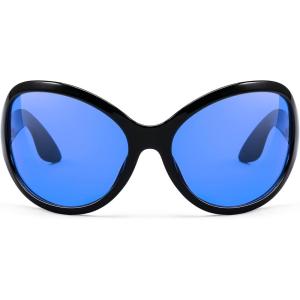 imageFEISEDY Oversized Trendy Sunglasses Classic Oval Wrap Around Stylish Big Frame Shade Women Glasses B2391Black Frame Blue Lens