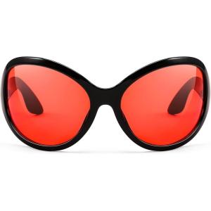 imageFEISEDY Oversized Trendy Sunglasses Classic Oval Wrap Around Stylish Big Frame Shade Women Glasses B2391Black Frame Red Lens