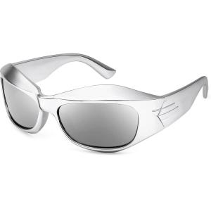 imageFEISEDY Oversized Y2K Sunglasses for Women Men Wrap Around Clout Goggles Thick Frame UV400 Protection B9075Silver