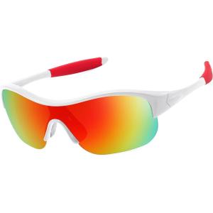 imageFEISEDY Polarized Sports Sunglasses for Kids Youth Baseball Cycling Running Glasses for Boys Girls Age 312 B014201 White Frame Red Mirrored Lens Red Legs