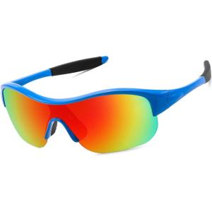 imageFEISEDY Polarized Sports Sunglasses for Kids Youth Baseball Cycling Running Glasses for Boys Girls Age 312 B014202 Blue Frame Red Mirrored Lens Black Legs