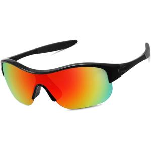 imageFEISEDY Polarized Sports Sunglasses for Kids Youth Baseball Cycling Running Glasses for Boys Girls Age 312 B014203 Black Frame Red Mirrored Lens Red Legs