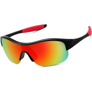imageFEISEDY Polarized Sports Sunglasses for Kids Youth Baseball Cycling Running Glasses for Boys Girls Age 312 B014204 Black Frame Red Mirrored Lens Black Legs