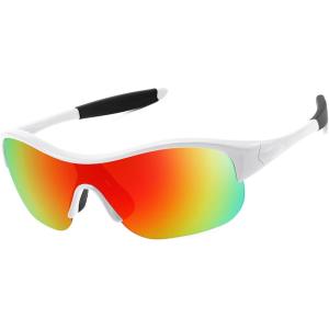 imageFEISEDY Polarized Sports Sunglasses for Kids Youth Baseball Cycling Running Glasses for Boys Girls Age 312 B014205 White Frame Red Mirrored Lens Black Legs