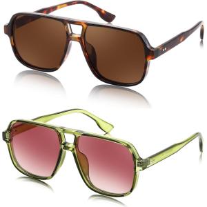 imageFEISEDY Retro Square Aviator Sunglasses Women Men 70s Vintage Trendy Plastic Frame Sun Glasses B4158Transparent Green  Tortoise