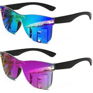 imageFEISEDY Womens Sunglasses Trendy Mirrored One Piece Lens Men Reflective Sun Glasses B41142 Packblue Green Mirror  Dark Purple Mirror