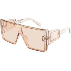 imageFEISEDY Square Oversized Flat Top Sunglasses With Side Lens Integrated For Women Men B4028Champagne Frame  Tea Lens