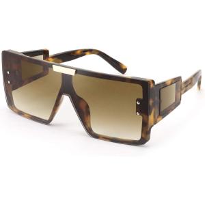 imageFEISEDY Square Oversized Flat Top Sunglasses With Side Lens Integrated For Women Men B4028Leopard Frame  Gradual Tea Lens