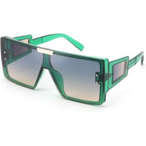 imageFEISEDY Square Oversized Flat Top Sunglasses With Side Lens Integrated For Women Men B4028Transparent Green Frame  Greyyellow Lens